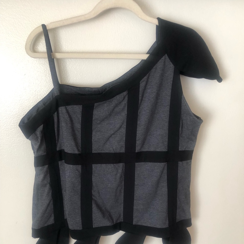 Way one shoulder grey and black top.